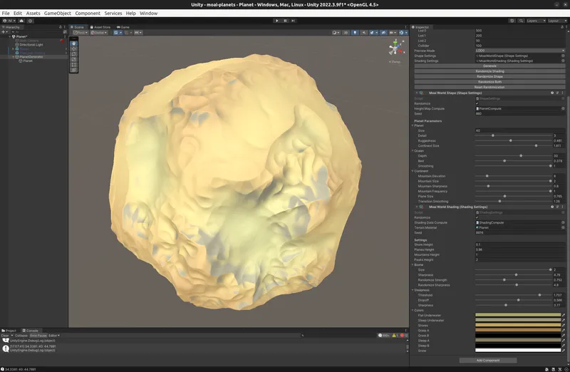 A desert planet. Low detail results in smooth and clear ridge noise, resembling sand dunes.